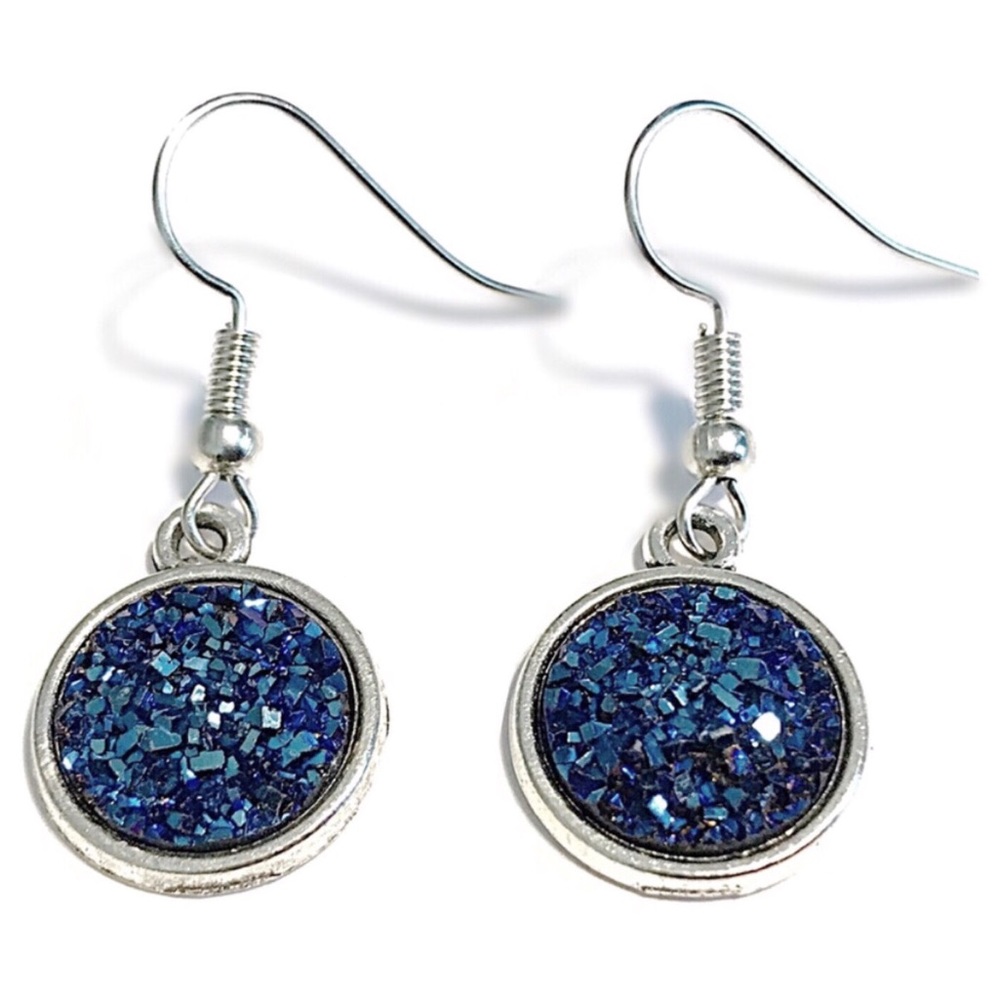 Silver Tone Dark Blue Druzy Earrings - Picture 3 of 6